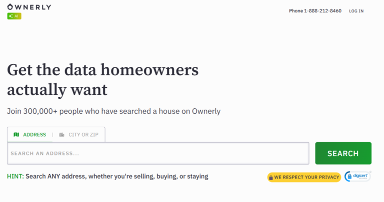 The home page of Ownerly’s website, allowing users to input a property address as the first step to obtaining a property report